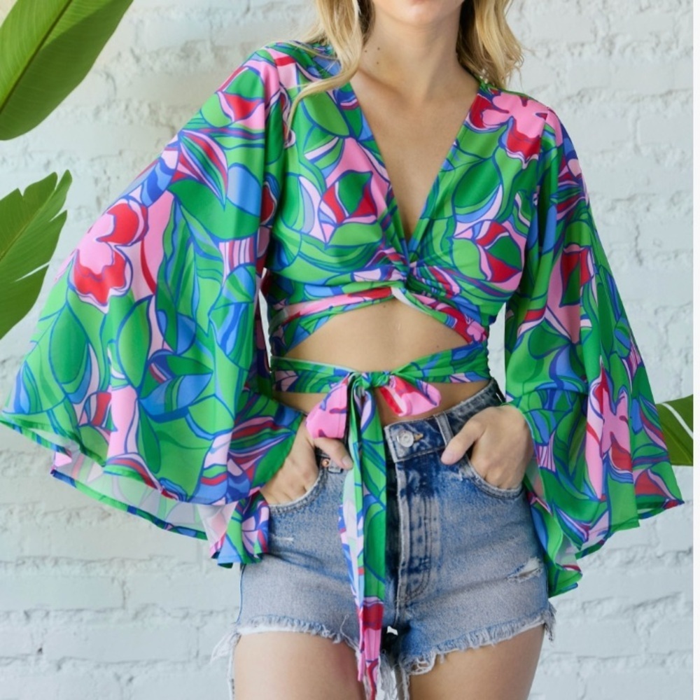 Floral Wrap Top with Bell Sleeves